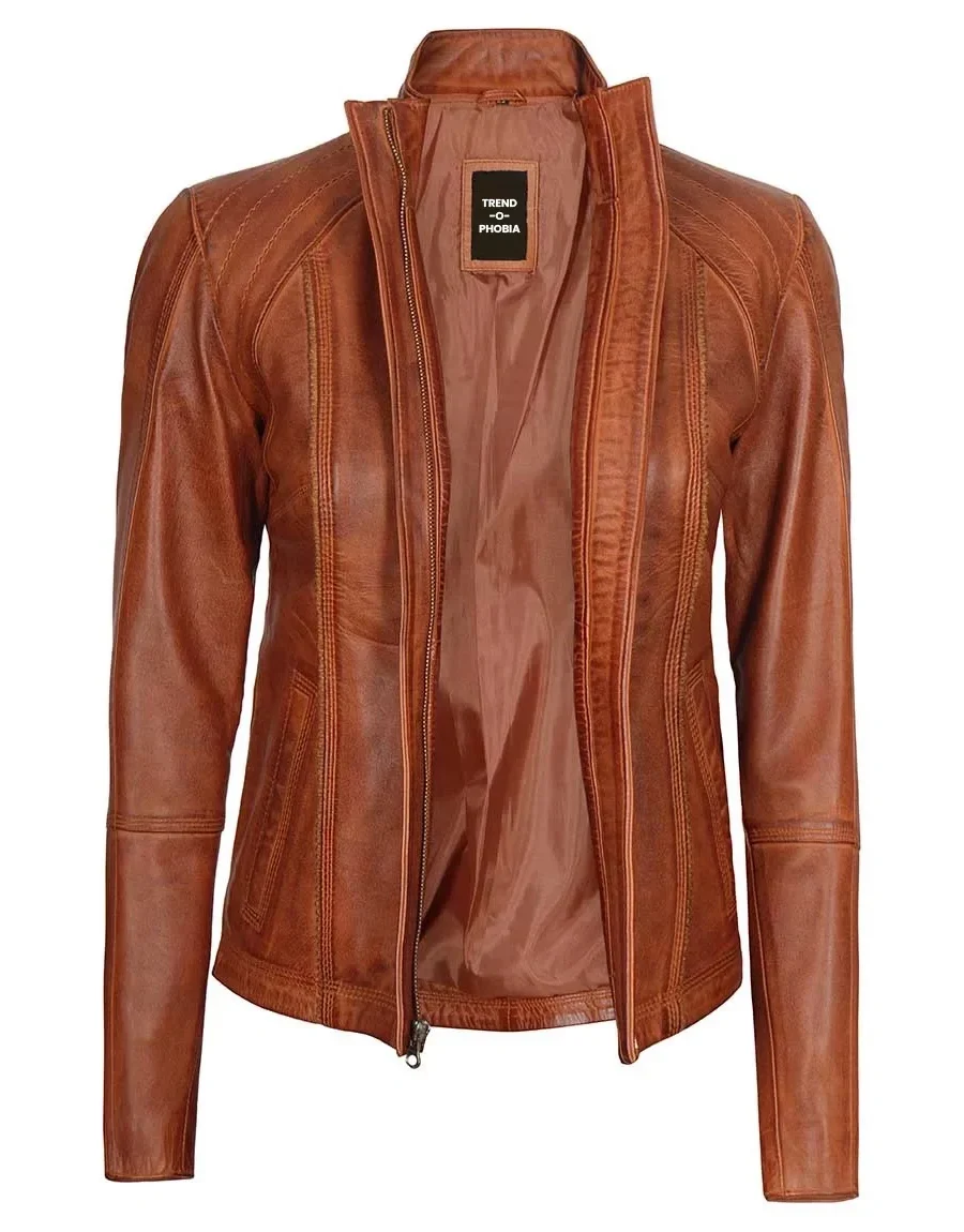 Acerra Womens Real Cognac Brown Leather Cafe Racer Jacket