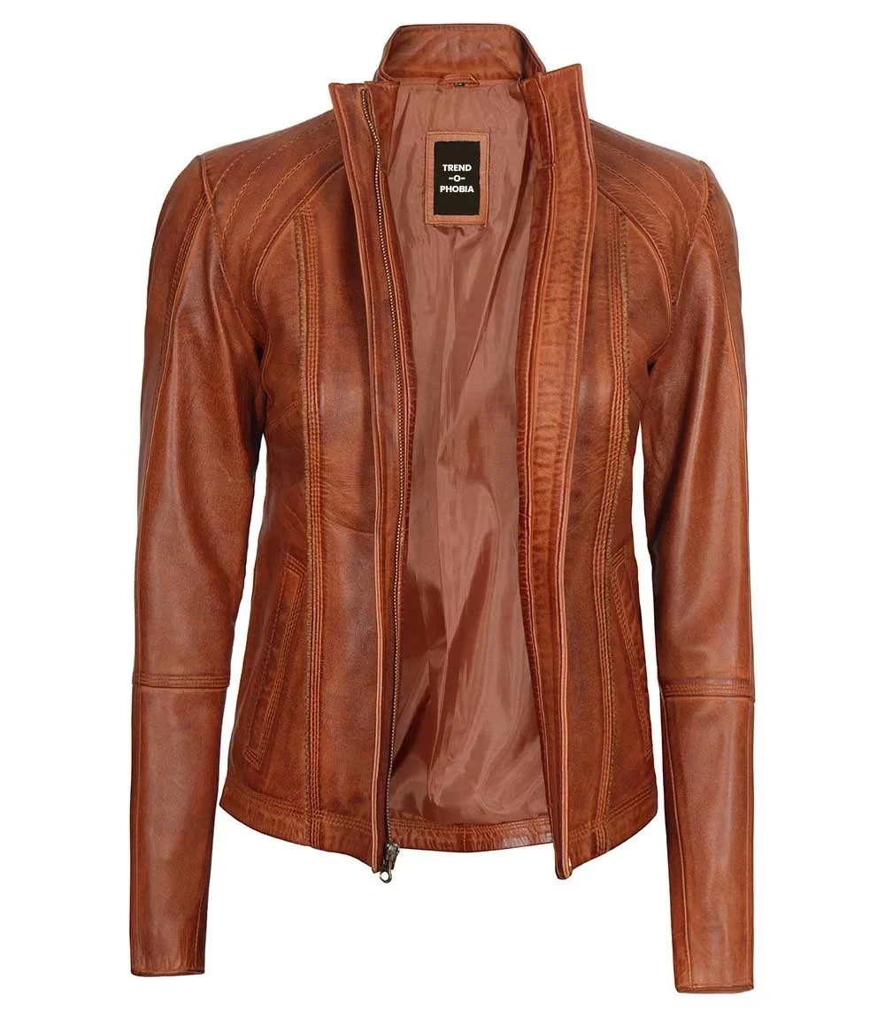 Acerra Womens Real Cognac Brown Leather Cafe Racer Jacket