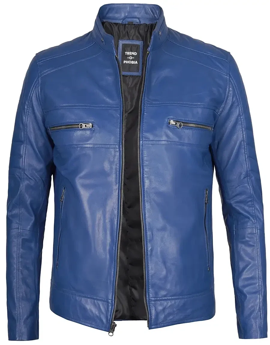 Austin Men Cafe Racer Blue Real Leather Jacket