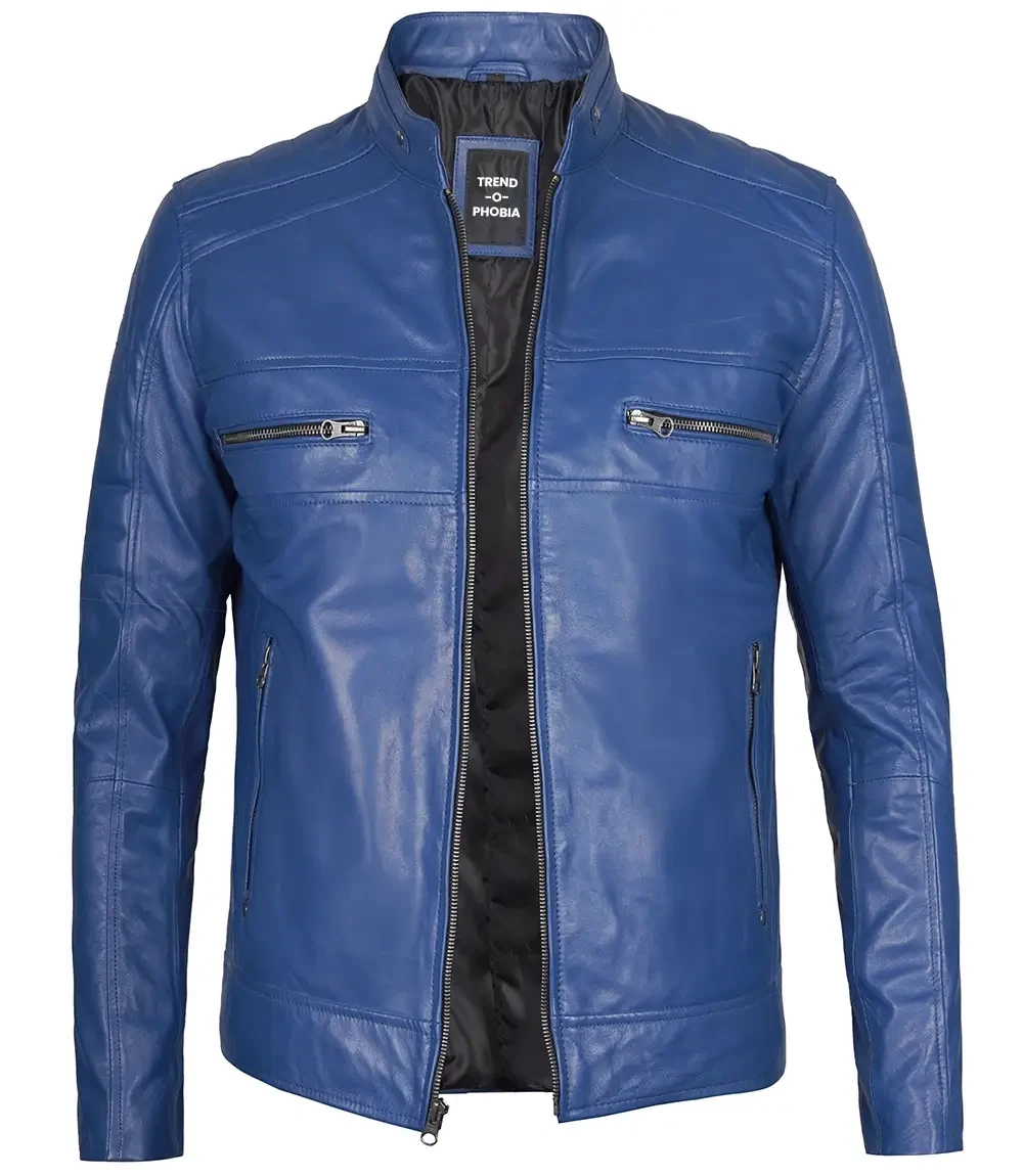 Austin Men Cafe Racer Blue Real Leather Jacket
