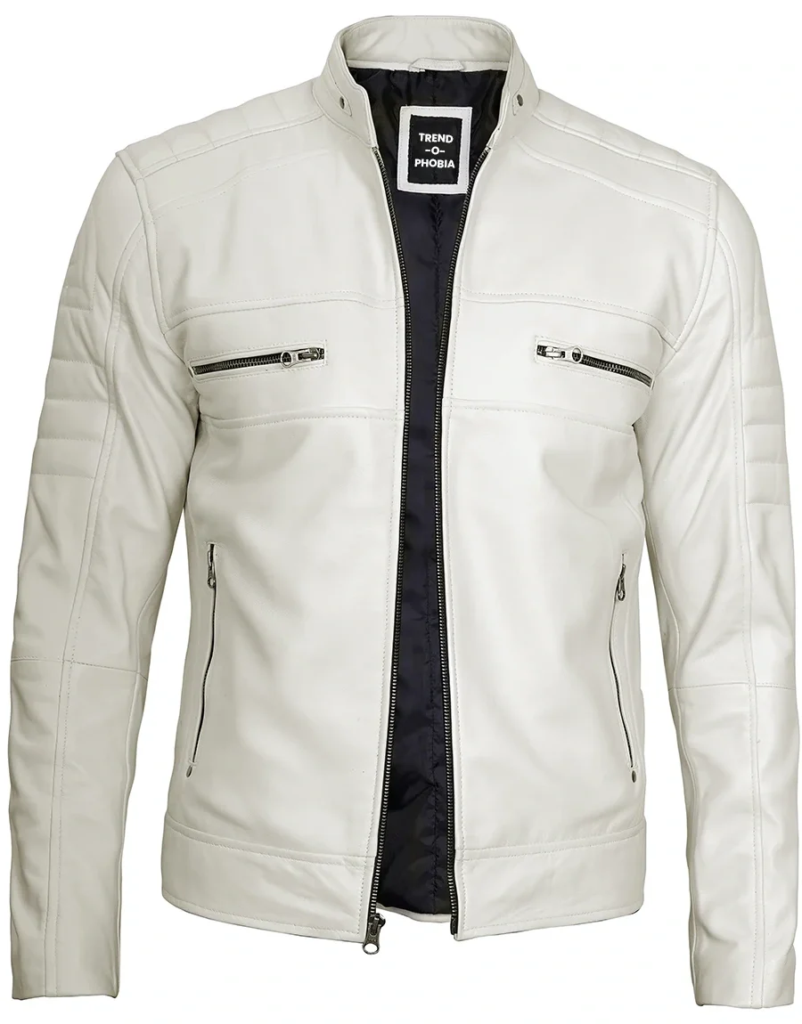 Austin Men Cafe Racer Off White Real Leather Jacket
