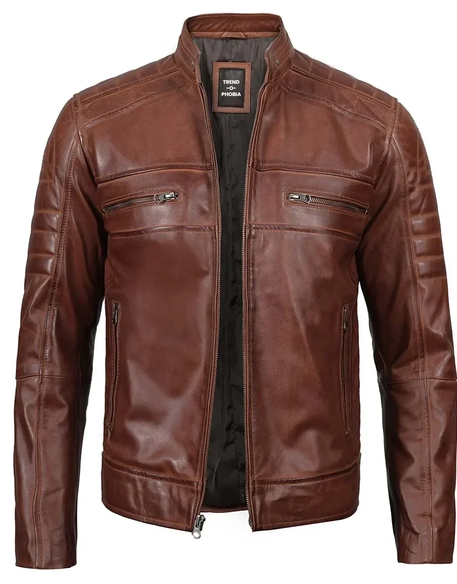 Austin Men Premuim Cafe Racer Cognac Leather Jacket