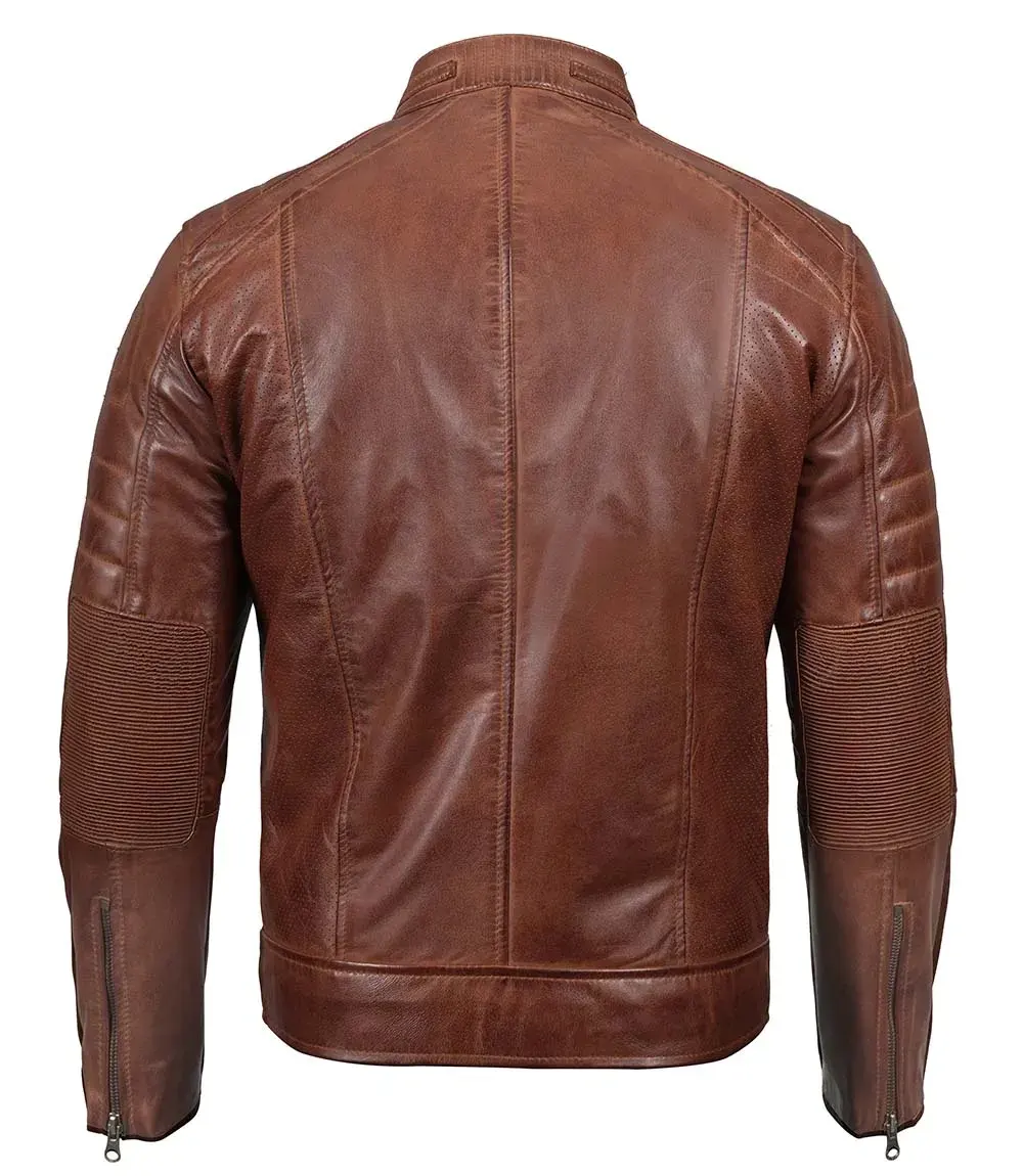 Austin Men Premuim Cafe Racer Cognac Leather Jacket