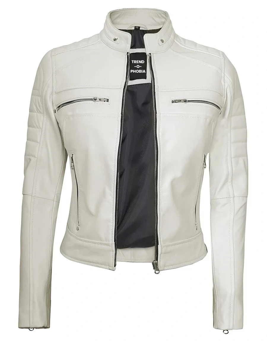 Austin Women’s Off White Cafe Racer Biker Real Leather Jacket