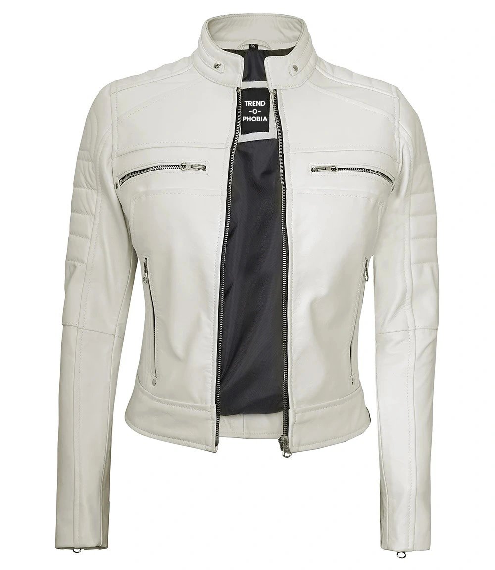 Austin Women’s Off White Cafe Racer Biker Real Leather Jacket
