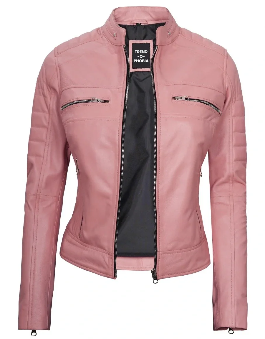 Austin Women’s Pink Cafe Racer Real Leather Jacket