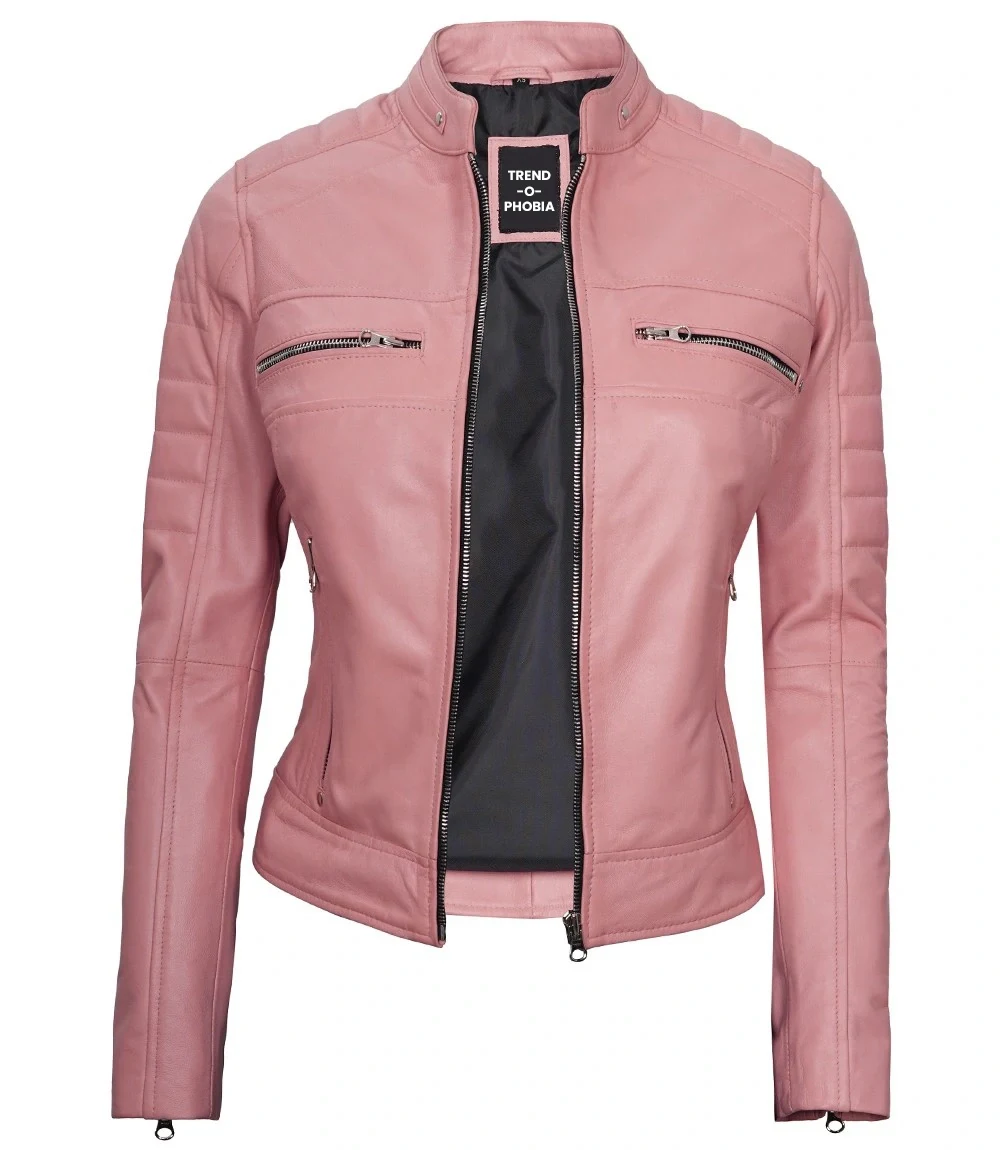 Austin Women’s Pink Cafe Racer Real Leather Jacket