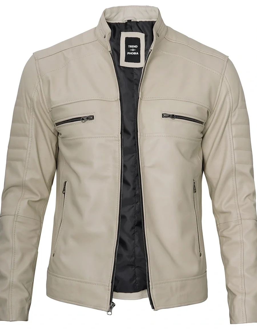 Beige Men Cafe Racer Real Leather Jacket