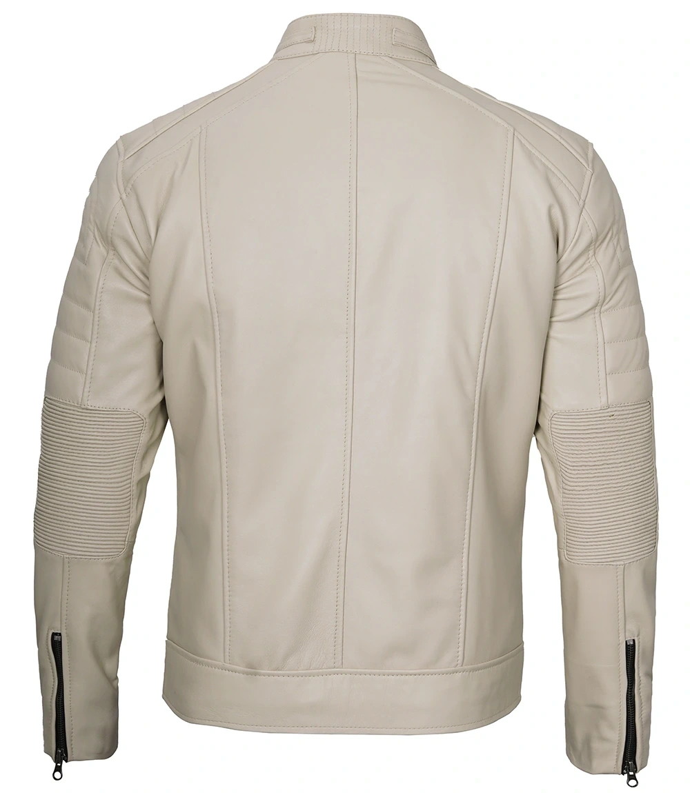 Beige Men Cafe Racer Real Leather Jacket
