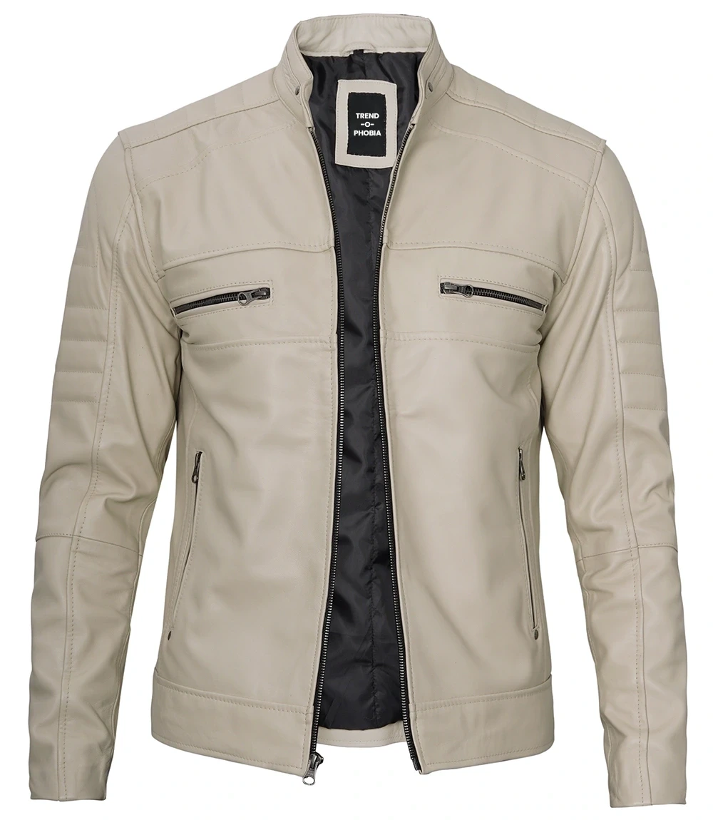 Beige Men Cafe Racer Real Leather Jacket