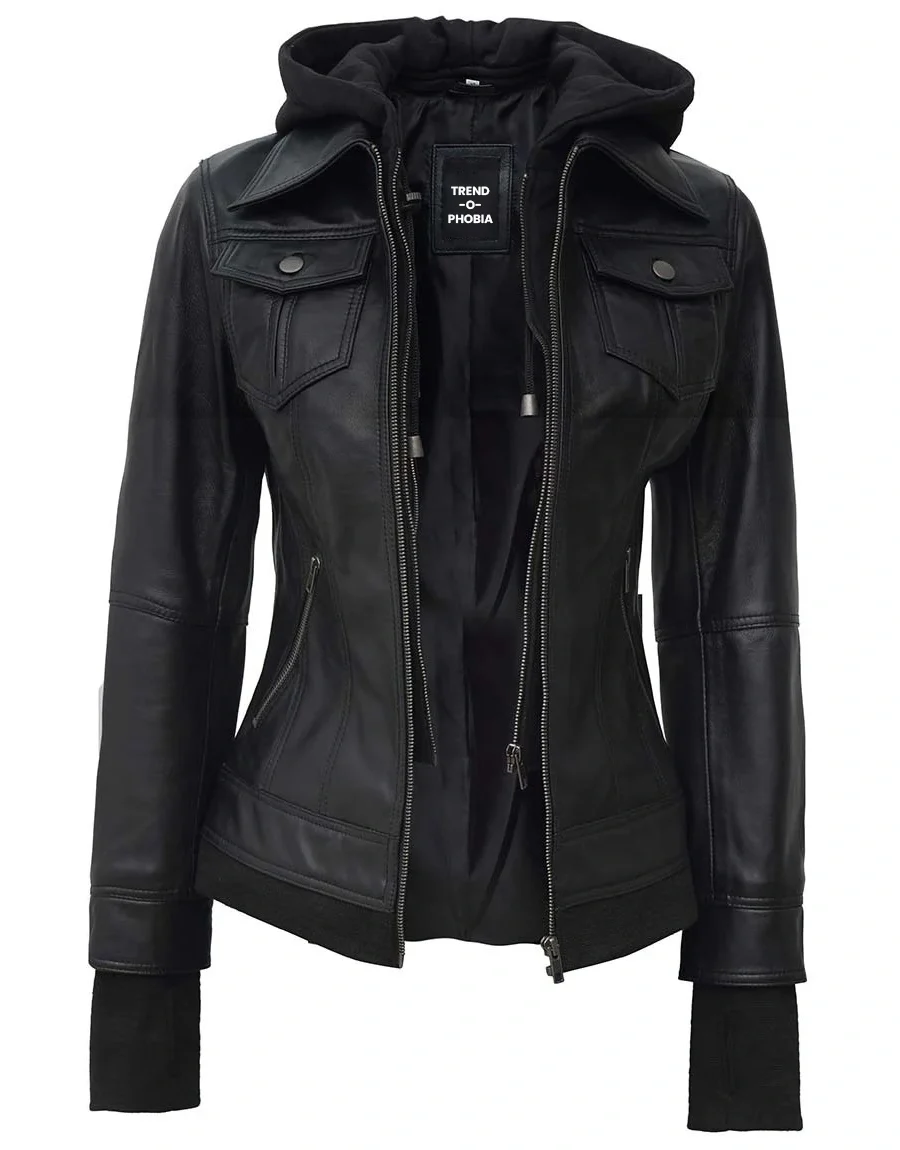 Betty Womens Petite Black Leather Jacket With Removable Hood