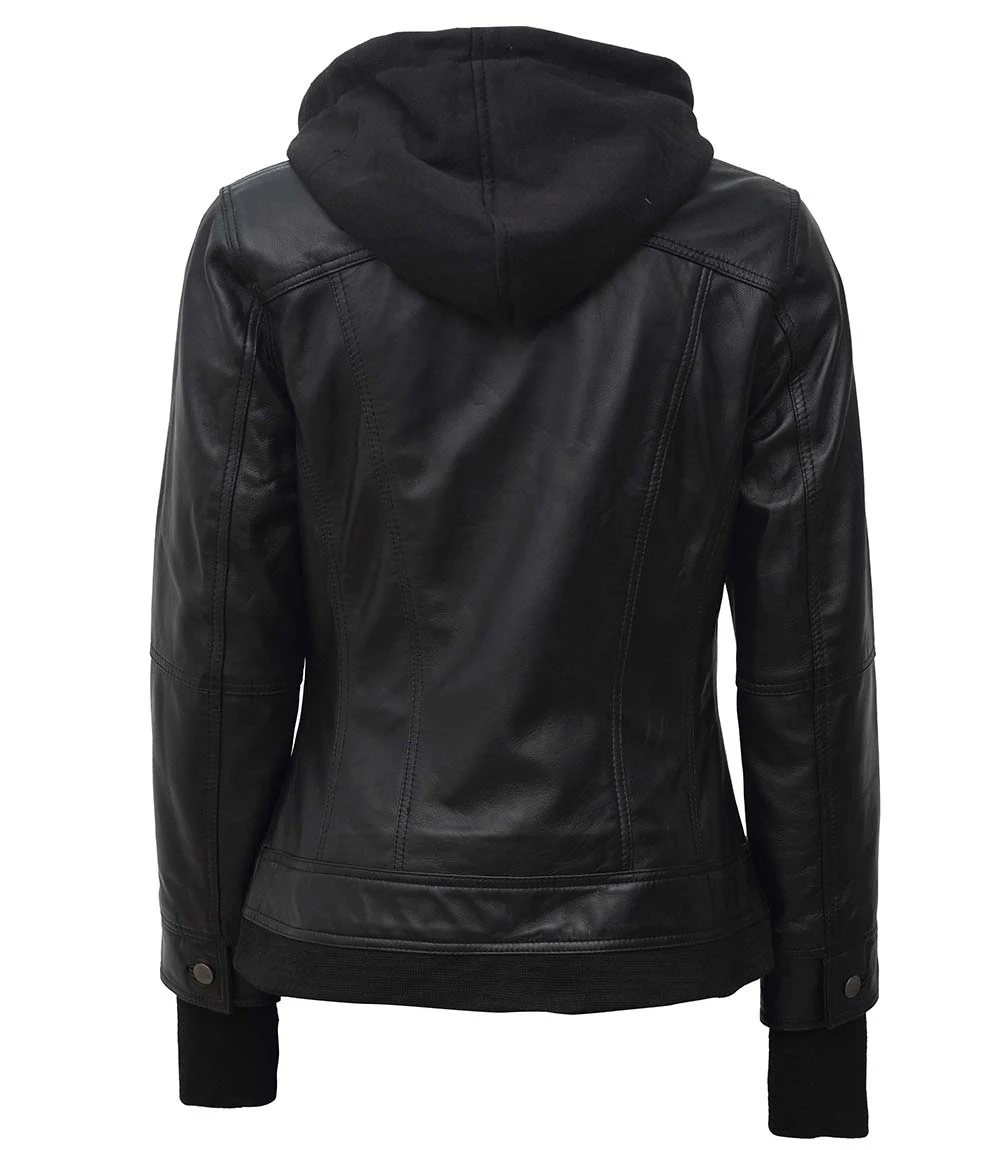 Betty Womens Petite Black Leather Jacket With Removable Hood