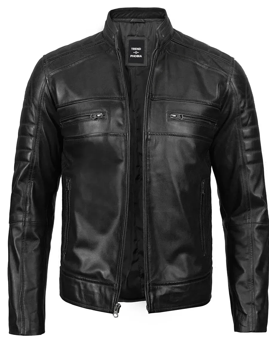 Black Cafe Racer Real Leather Motorcycle Jacket