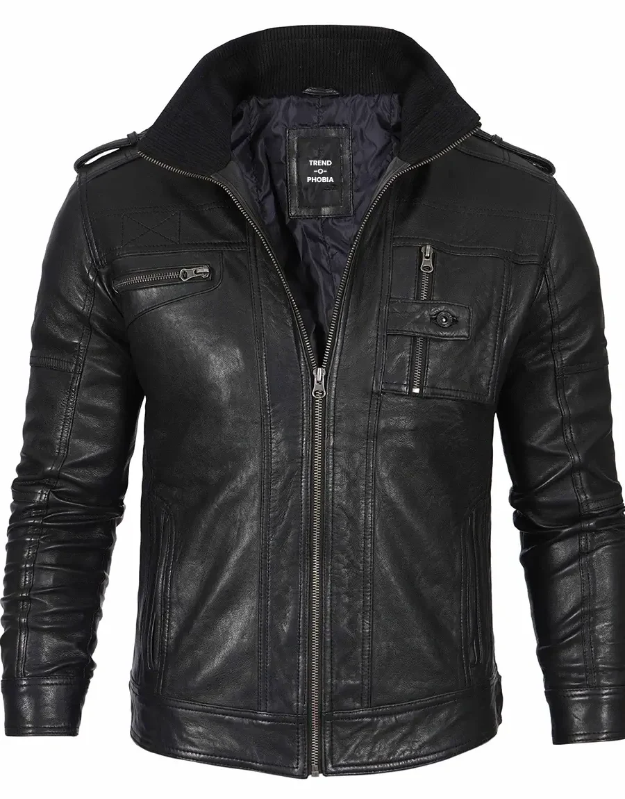 Black Mens Waxed Cafe Racer Leather Jacket