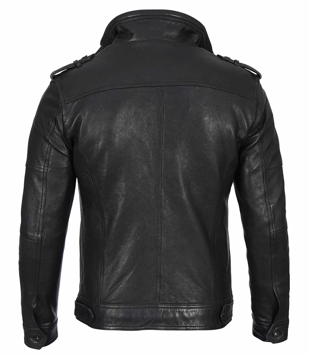 Black Mens Waxed Cafe Racer Leather Jacket