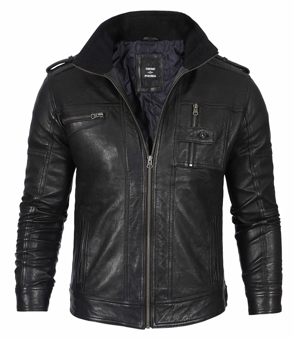 Black Mens Waxed Cafe Racer Leather Jacket