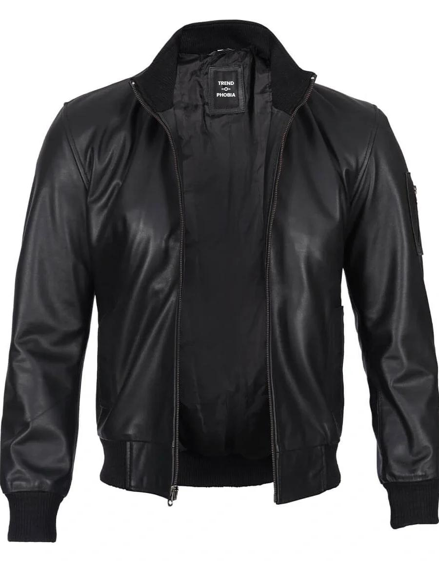 Black Premium Cowhide Leather Bomber Jacket Mens