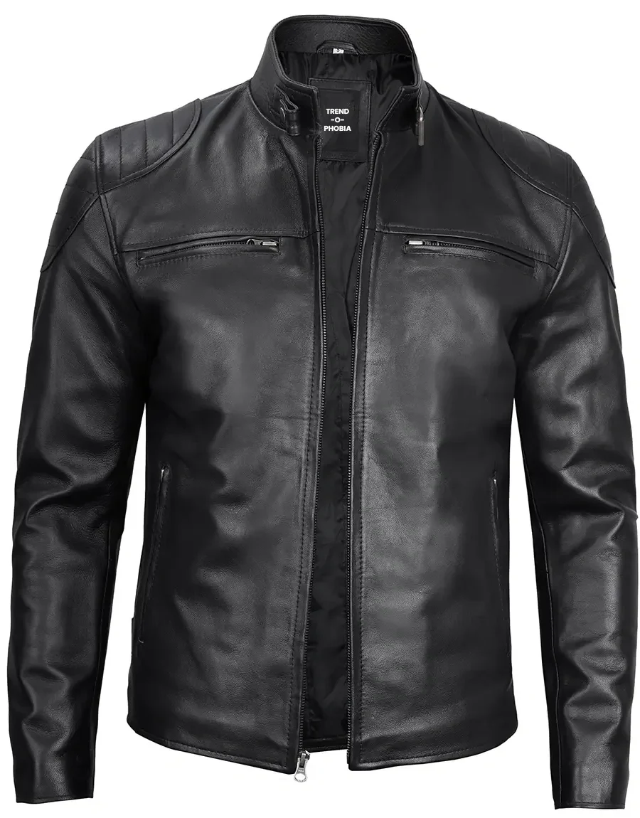 Black Real Leather Cafe Racer Jacket