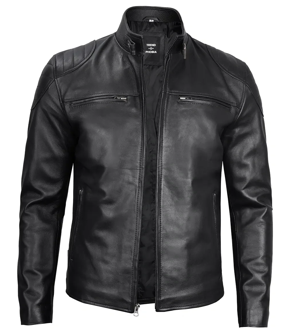 Black Real Leather Cafe Racer Jacket