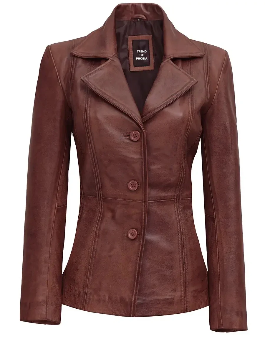 Cognac Brown Leather Blazer Women