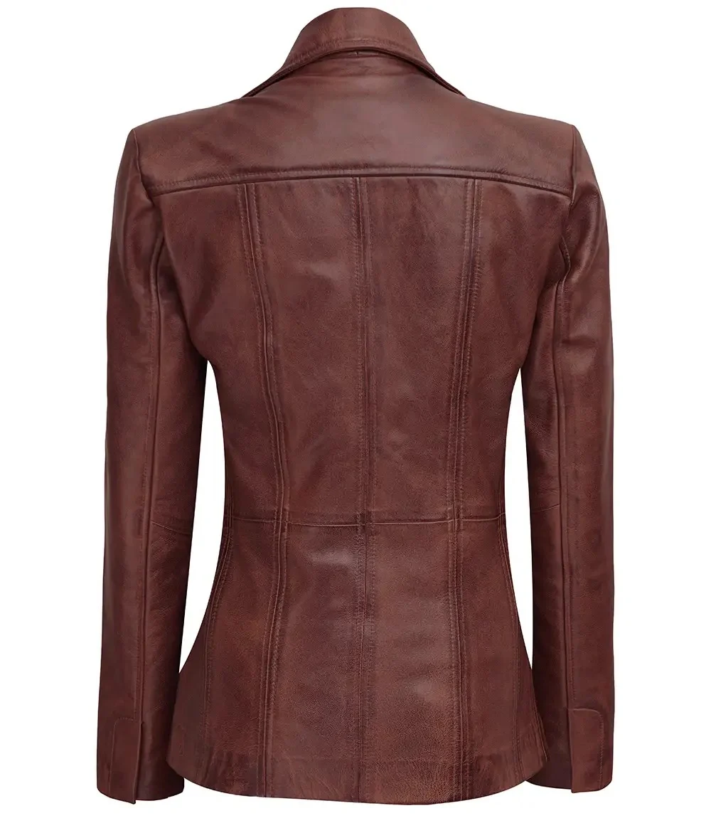 Cognac Brown Leather Blazer Women