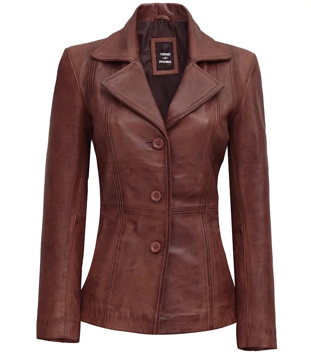 Cognac Brown Leather Blazer Women
