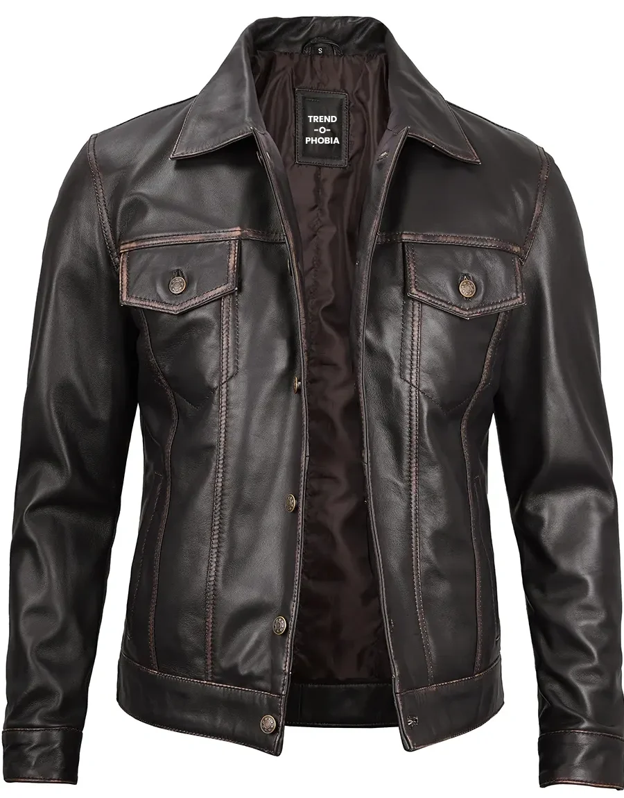 Dark Brown Leather Trucker Jacket Mens
