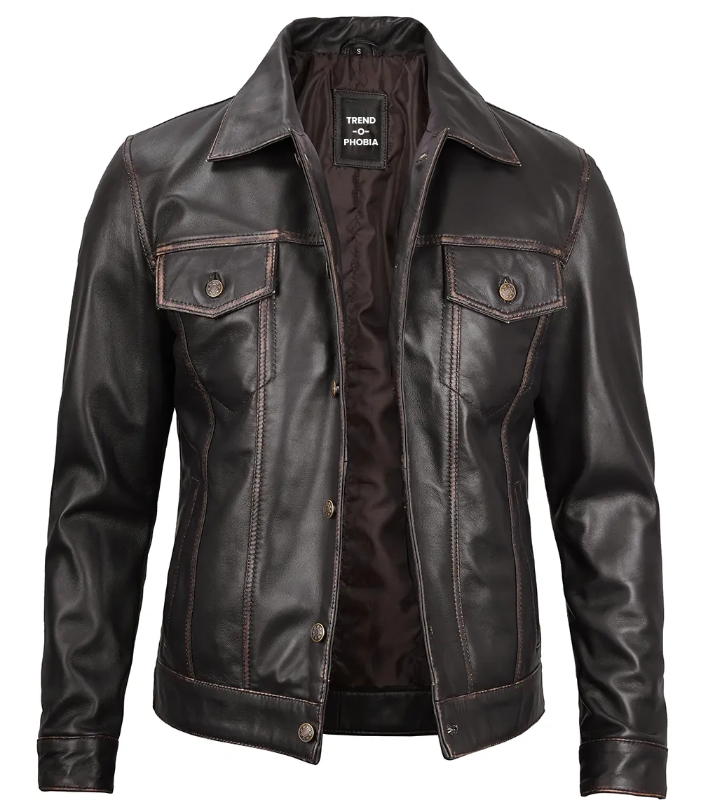 Dark Brown Leather Trucker Jacket Mens