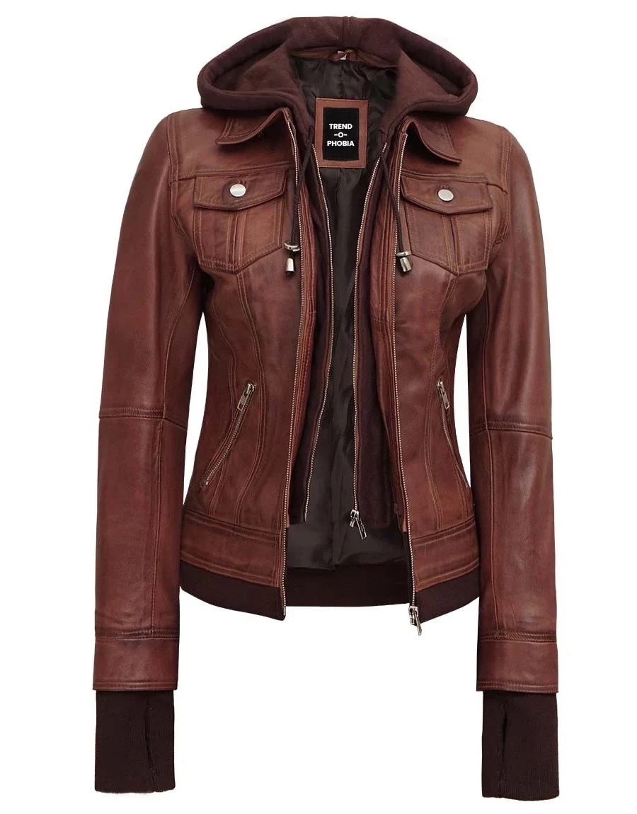 Dark Brown Womens Bomber Leather Jacket With Removable Hood
