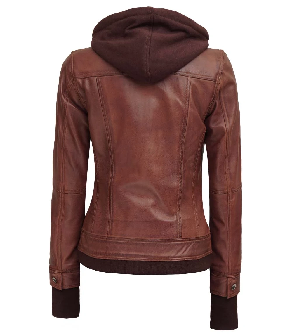 Dark Brown Womens Bomber Leather Jacket With Removable Hood