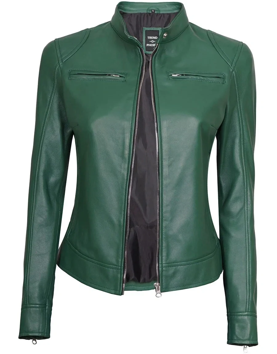 Dodge Green Motorcycle Cafe Racer Leather Jacket Women’s