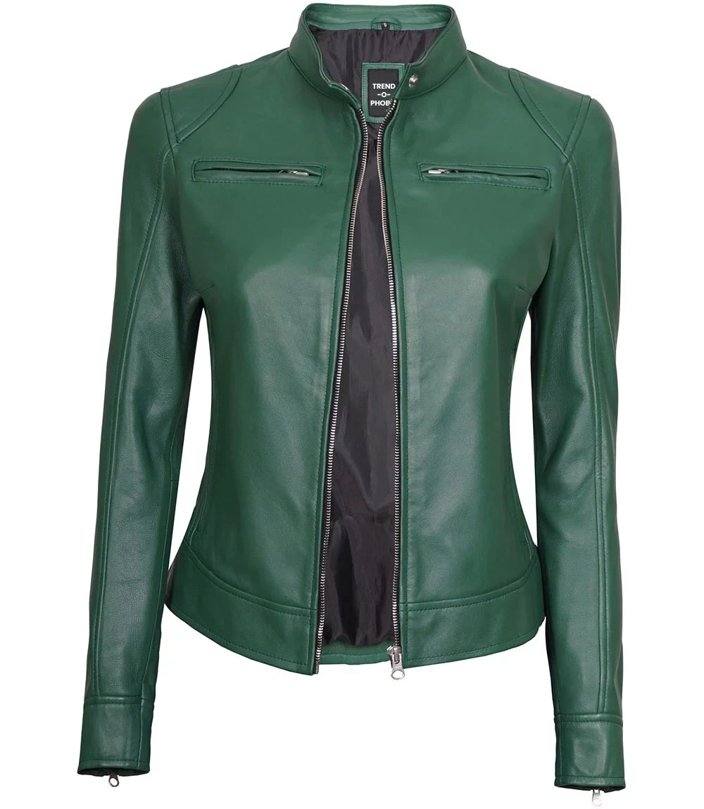 Dodge Green Motorcycle Cafe Racer Leather Jacket Women’s