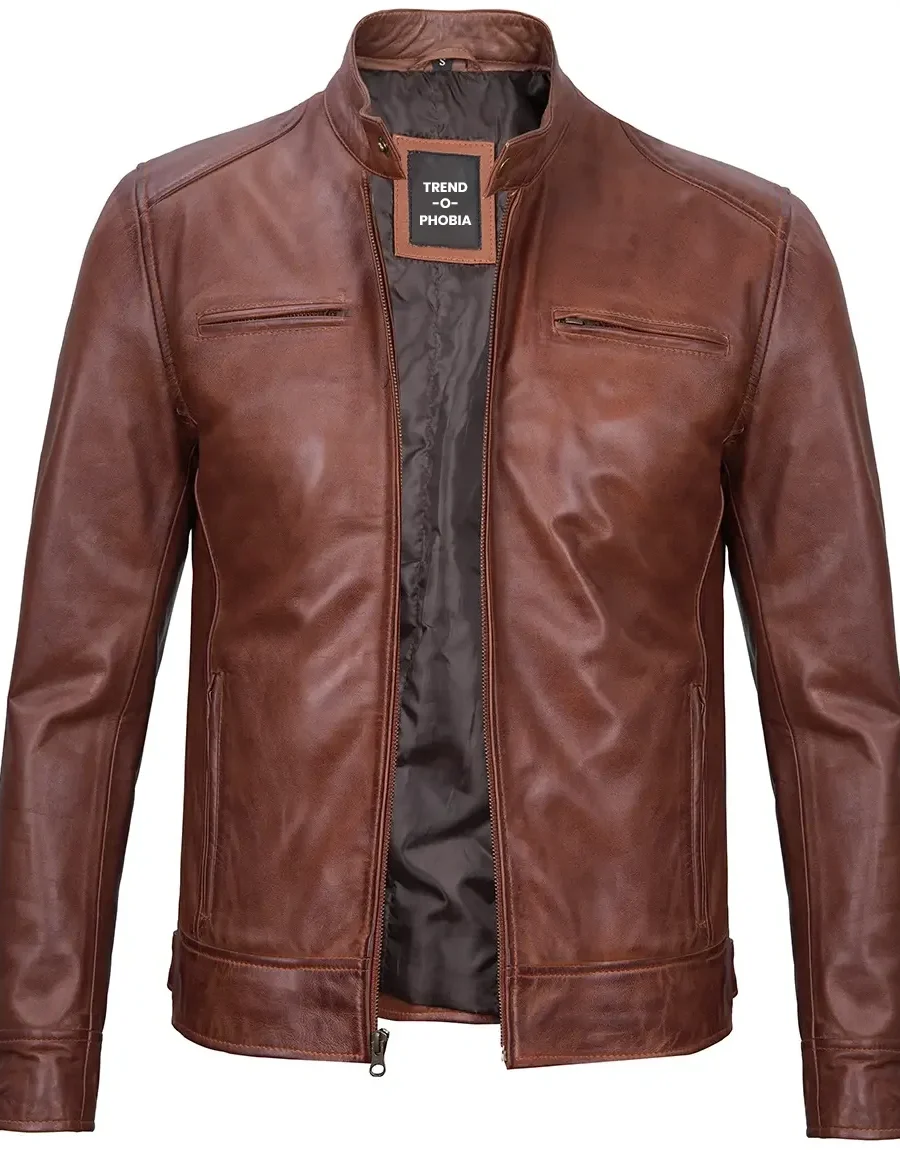 Dodge Mens Cognac Cafe Racer Leather Jacket