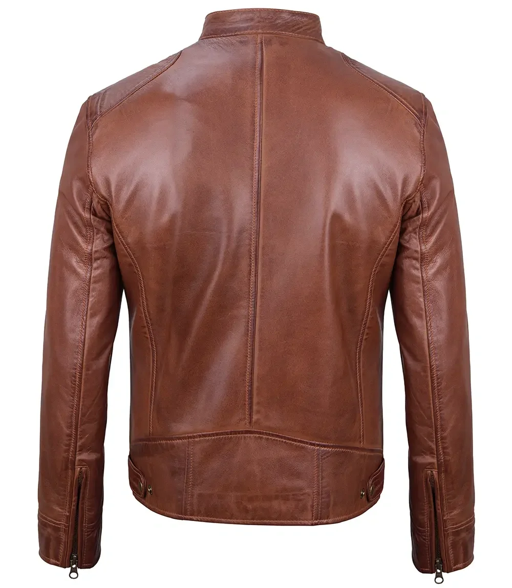 Dodge Mens Cognac Cafe Racer Leather Jacket