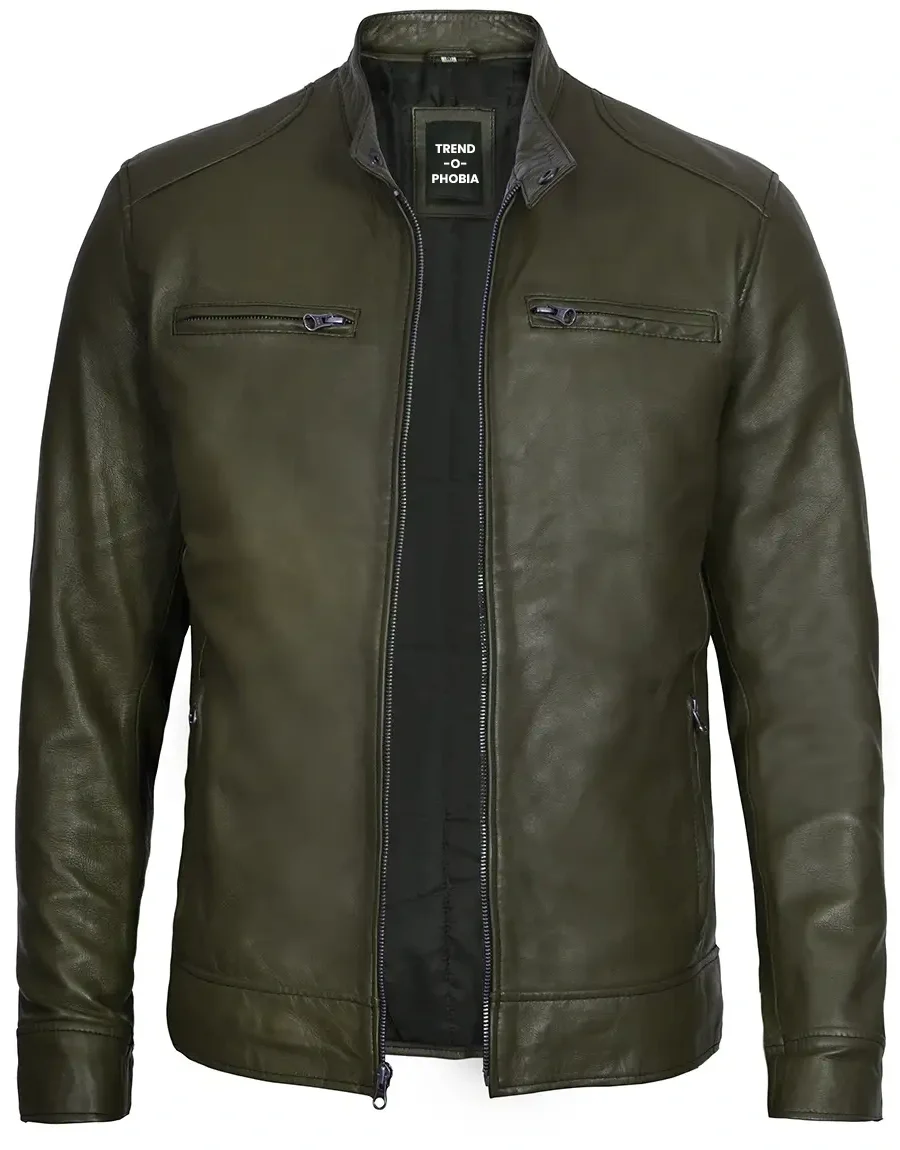 Dodge Men’s Green Cafe Racer Leather Jacket