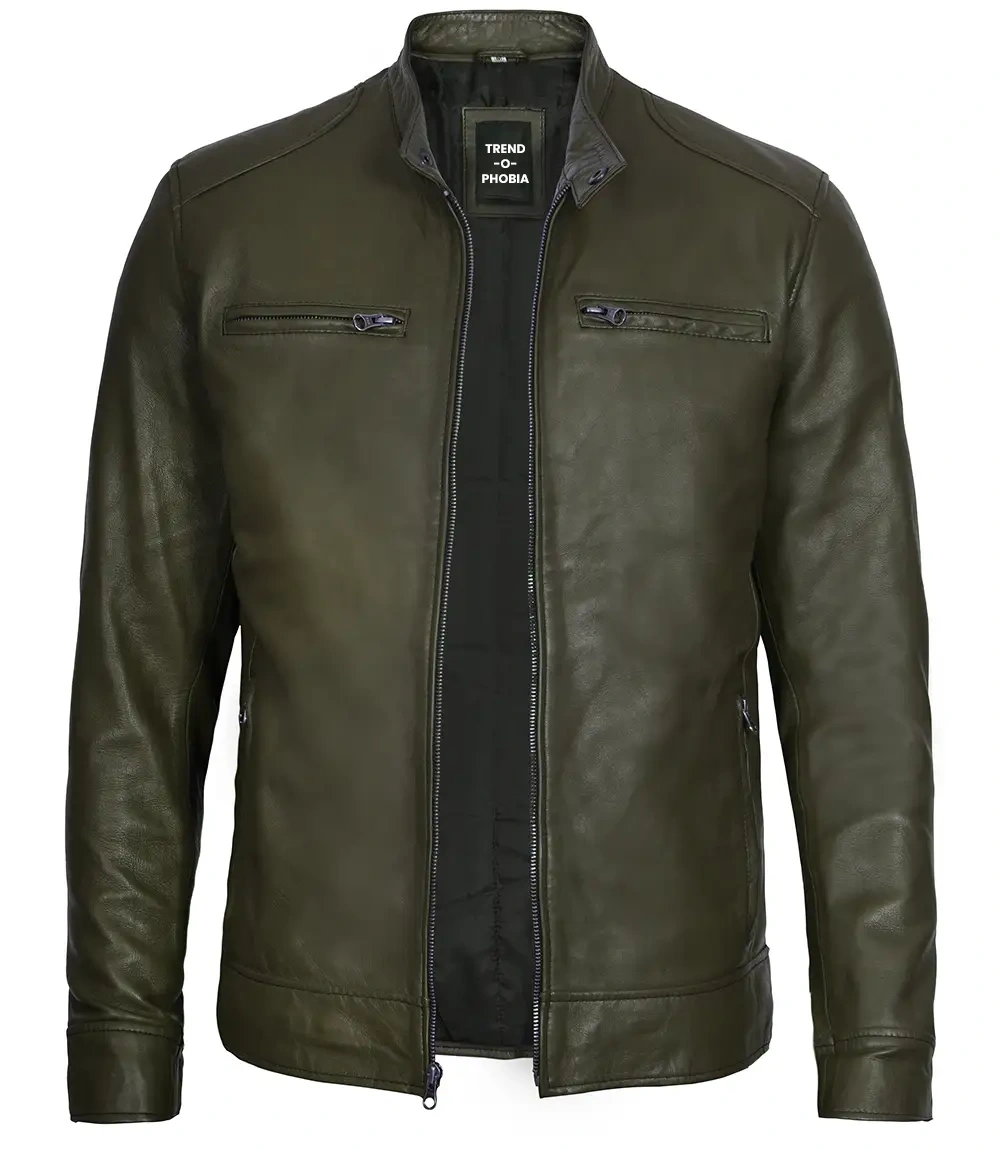 Dodge Men’s Green Cafe Racer Leather Jacket
