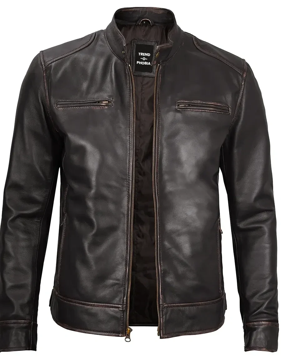 Dodge Mens Rub-Off Dark Brown Cafe Racer Leather Jacket