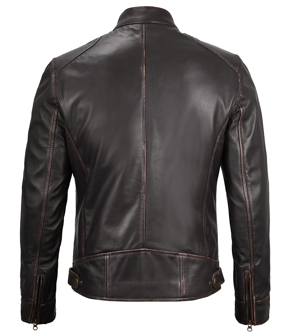 Dodge Mens Rub-Off Dark Brown Cafe Racer Leather Jacket