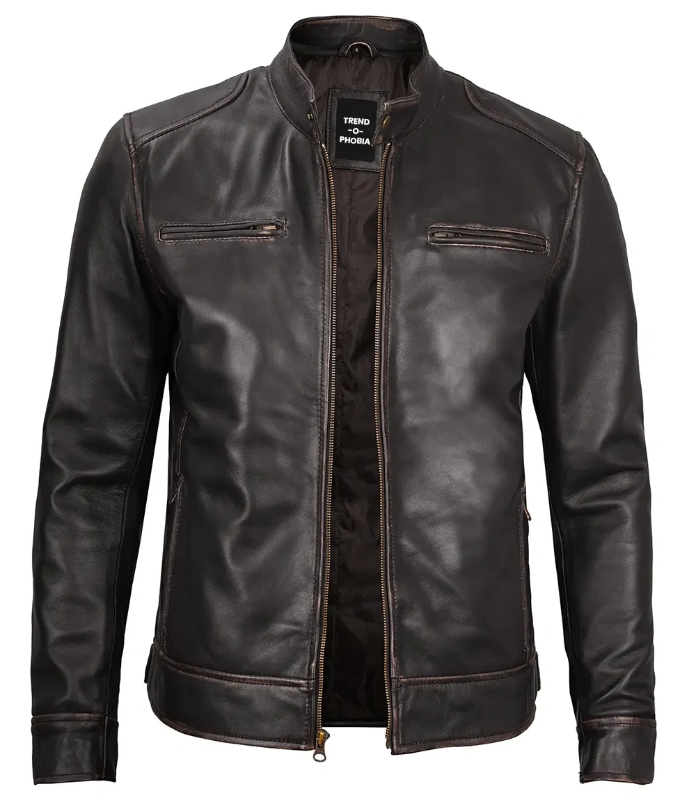 Dodge Mens Rub-Off Dark Brown Cafe Racer Leather Jacket