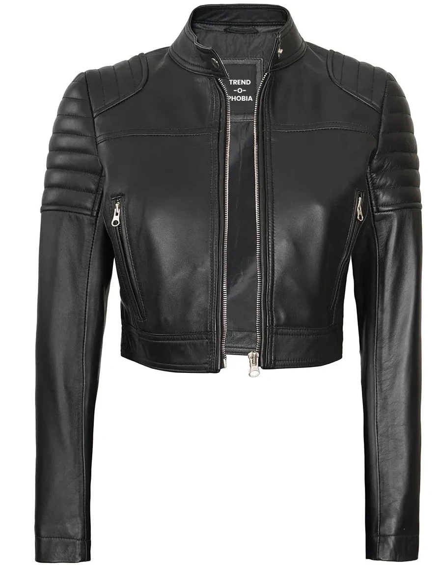 Edna Womens Black Cropped Leather Moto Jacket