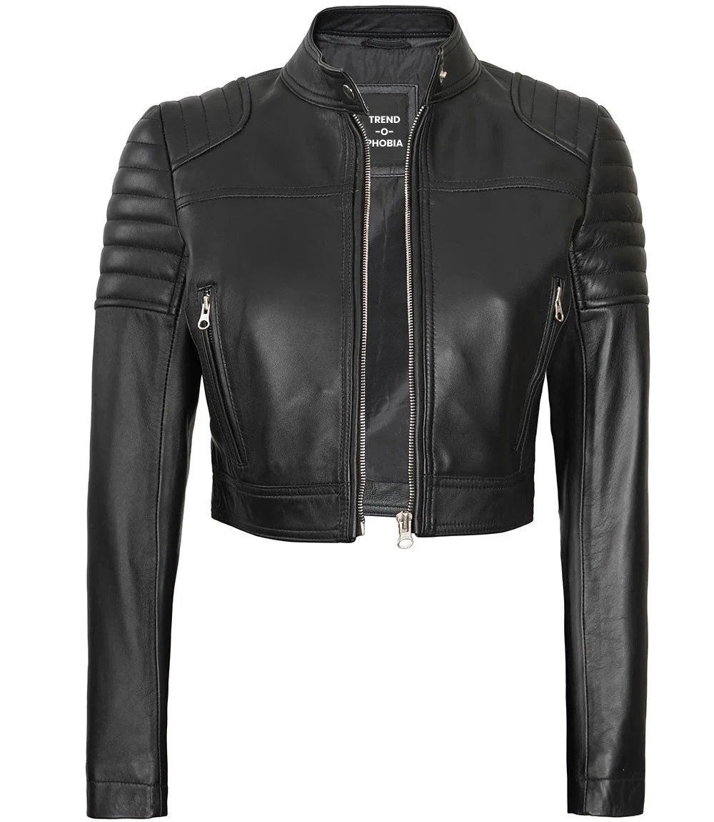 Edna Womens Black Cropped Leather Moto Jacket