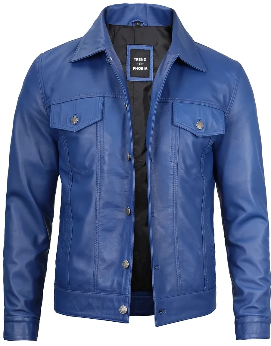 Fernando Blue Leather Trucker Jacket Mens