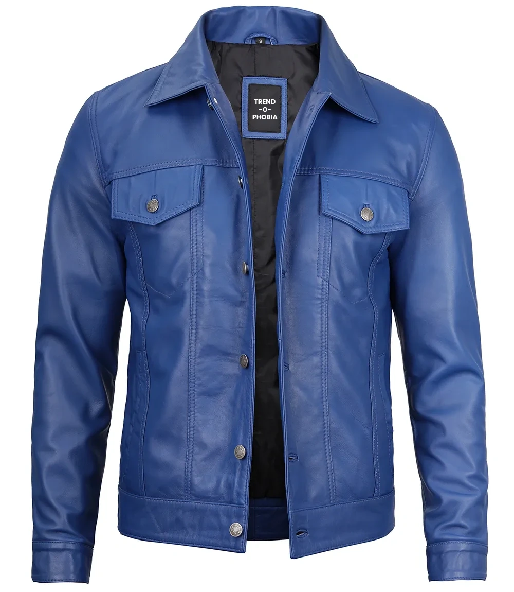 Fernando Blue Leather Trucker Jacket Mens
