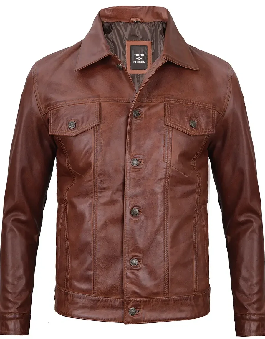 Fernando Men’s Harrington Brown Leather Trucker Jacket
