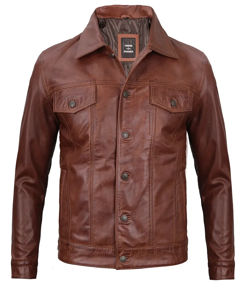 Fernando Men’s Harrington Brown Leather Trucker Jacket