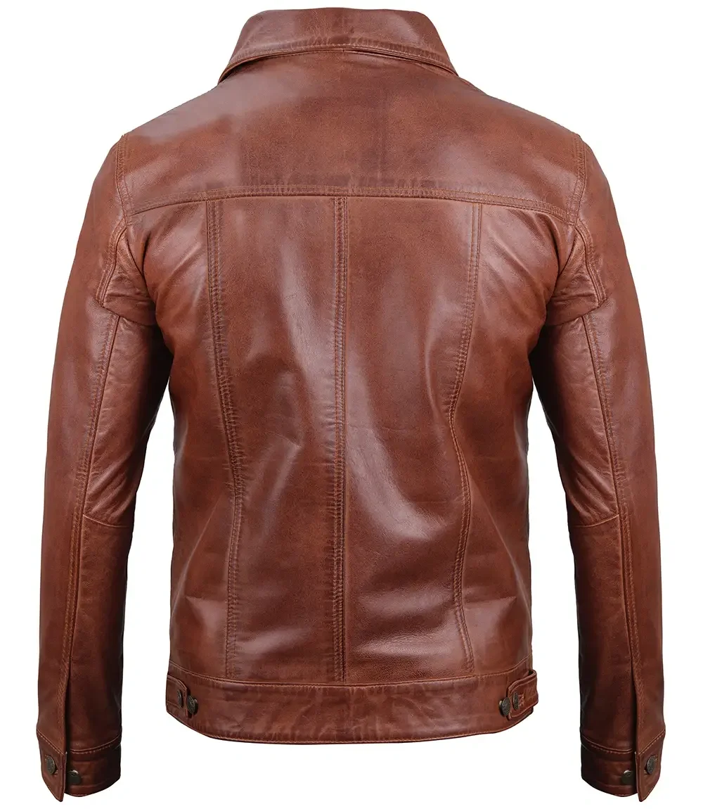 Fernando Men’s Harrington Brown Leather Trucker Jacket