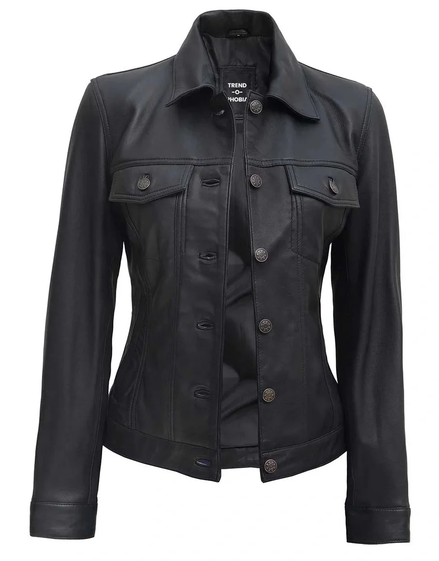Fernando Women Black Vegan Trucker Leather Jacket