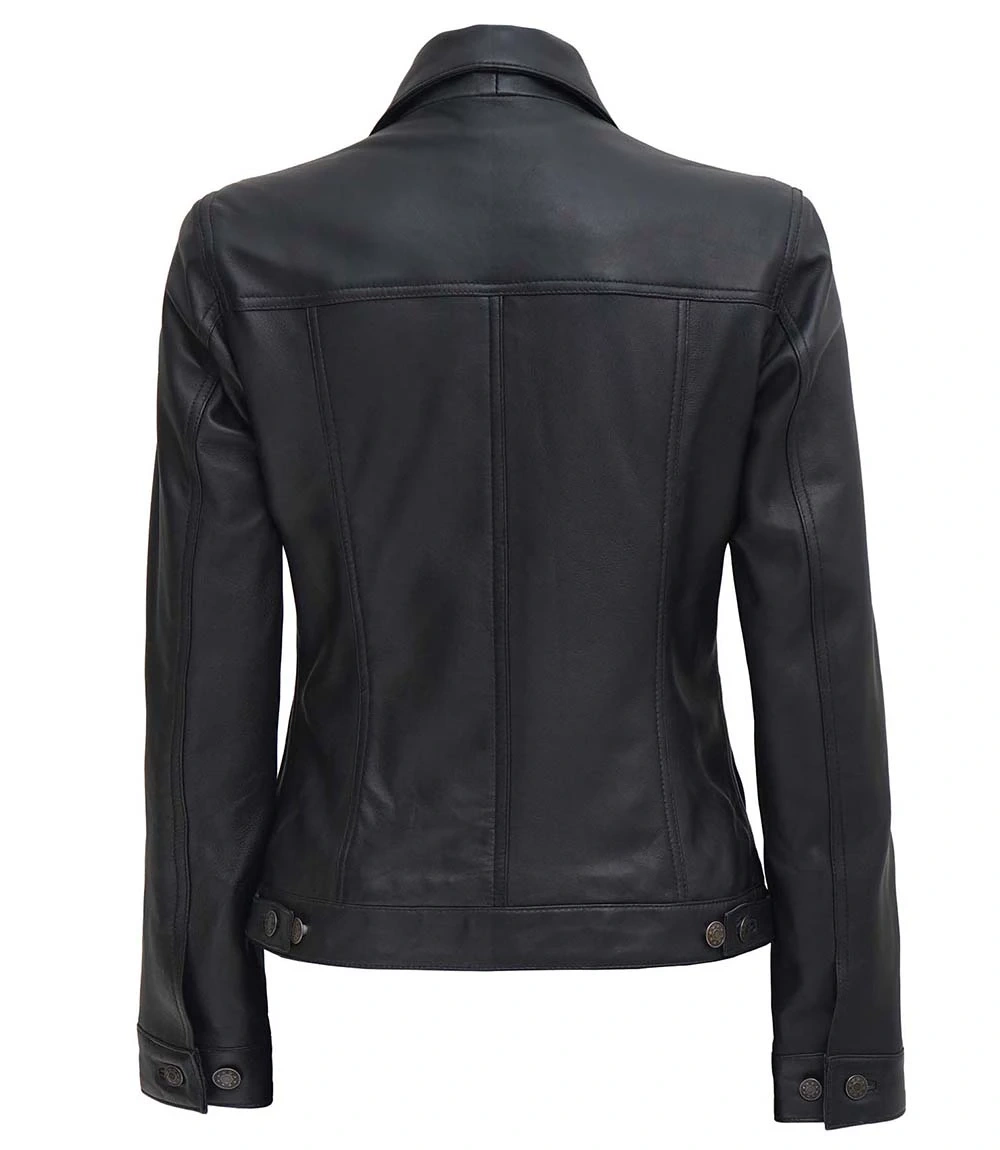 Fernando Women Black Vegan Trucker Leather Jacket