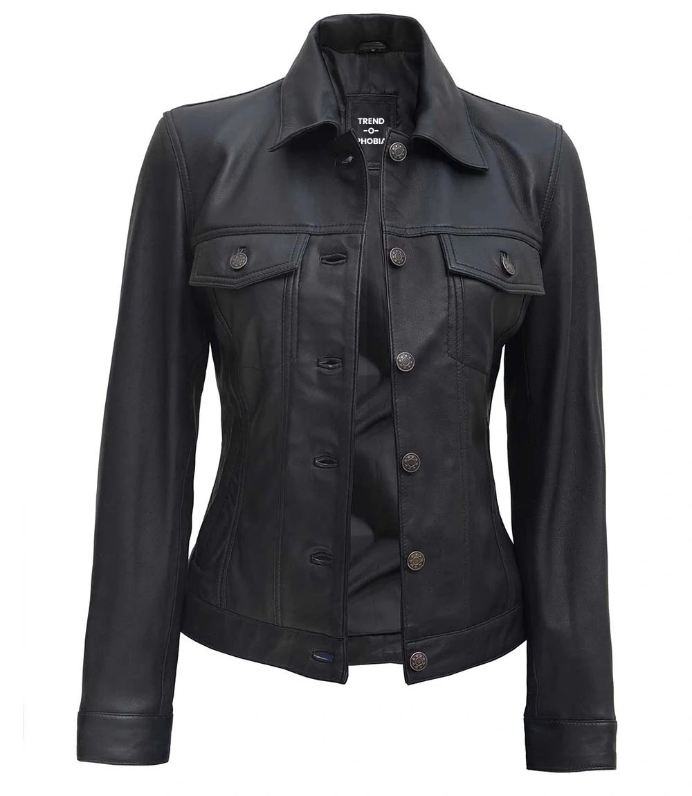 Fernando Women Black Vegan Trucker Leather Jacket