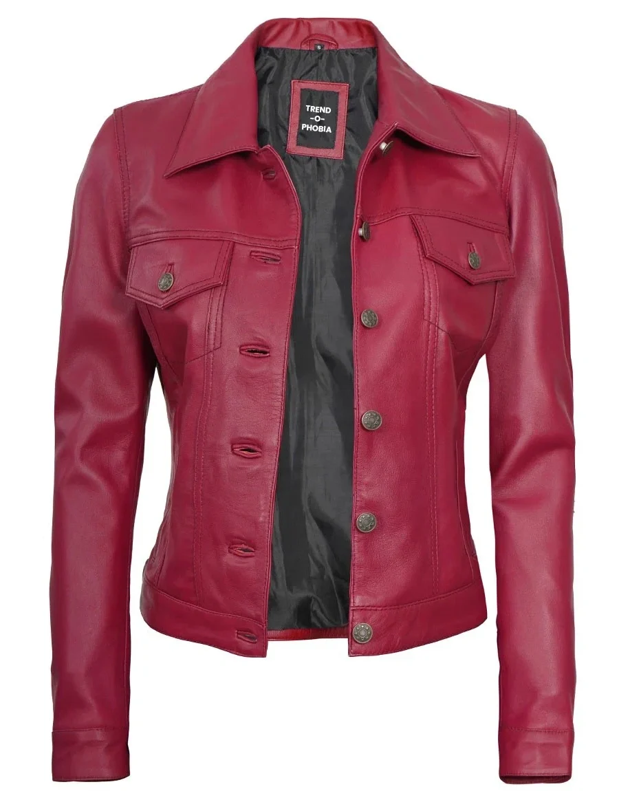Fernando Womens Pink Leather Trucker Jacket